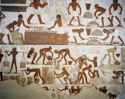 معالجة المعادن وصنع الطوب ، تفاصيل من اللوحات الجدارية في مقبرة رخمير ، مقبرة الشيخ عبد القرنة ، الأقصر ، طيبة (قائمة اليونسكو للتراث العالمي بواسطة الأسرة الثامنة عشر المصرية