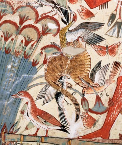 Nebamun يصطاد في الأهوار مع زوجته ابنة ، جزء من لوحة جدارية من كنيسة مقبرة Nebamun ، طيبة ، المملكة الحديثة ، 1350 قبل الميلاد (الجص المطلي) (تفاصيل 3748) بواسطة الأسرة الثامنة عشر المصرية