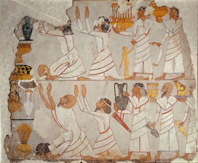 جزء من جدار مقبرة مرسوم يظهر حاملي الجزية الآسيويين ، حوالي 1400 قبل الميلاد (جص مطلي على الحجر) بواسطة الأسرة الثامنة عشر المصرية
