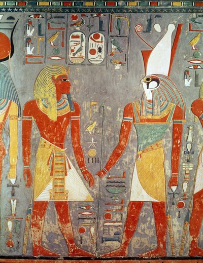 نقش يصور حورمحب (c.1323-1295 قبل الميلاد) قبل حورس ، من قبره ، المملكة الحديثة (الحجر الجيري المطلي) بواسطة الأسرة الثامنة عشر المصرية