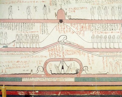 مشهد من كتاب آمدوات يظهر الرحلة إلى العالم السفلي ، المملكة الجديدة (لوحة جدارية) بواسطة الأسرة الثامنة عشر المصرية