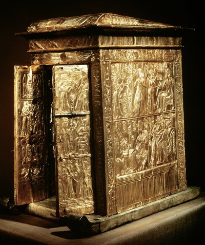 الضريح الذهبي لتوت عنخ آمون (c.1370-52 قبل الميلاد) المملكة الجديدة (الخشب المغطى بالجيسو المغطى بالورق الذهبي) بواسطة الأسرة الثامنة عشر المصرية