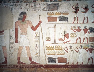 وزن النحاس ، واللوحات الجدارية ، ومقبرة المستخدم ، المعلم والكاتب في عهد أمنحتب الثاني ، المعروف أيضًا باسم قبر TT56 ، الشيخ عبد القرنة ، طيبة (قائمة اليونسكو للتراث العالمي بواسطة الأسرة الثامنة عشر المصرية