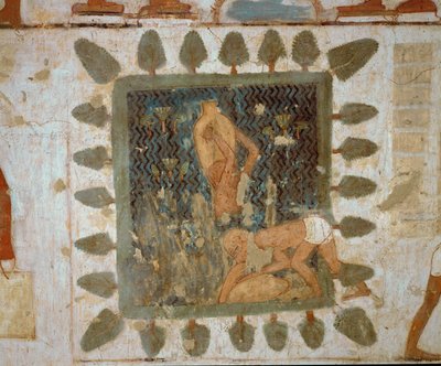 عمال يحملون المزهريات (لوحة جدارية) بواسطة الأسرة الثامنة عشر المصرية