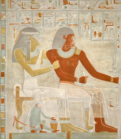 رسم توضيحي للجدارية باهري وزوجته حنوت- er-neheh من قبر باهري في الكاب ، مصر ، نشرت الصورة عام 1895 (طباعة) بواسطة الأسرة الثامنة عشر المصرية