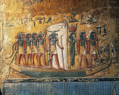 مصر ، الأقصر ، طيبة القديمة ، وادي الملوك ، قبر سيتي الأول ، لوحات جدارية تصور قارب الشمس مع إله برأس كبش بواسطة الأسرة المصرية التاسعة عشرة