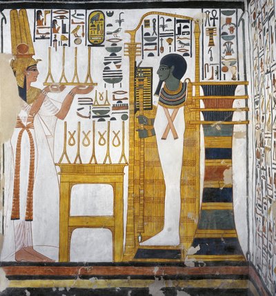 Nefertari making an offering of linen to Ptah, detail from the west wall of the Eastern Annexe of the Tomb of Nefertari (wall painting) بواسطة الأسرة المصرية التاسعة عشرة