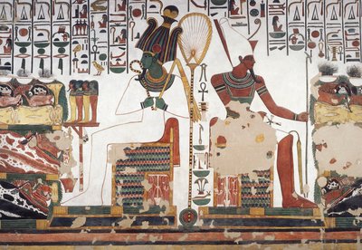 أوزوريس وأتوم ، لوحة جدارية ، الجدار الشرقي ، الغرفة الجانبية الشرقية ، مقبرة نفرتاري (QV66) ، وادي الملكات ، طيبة (قائمة اليونسكو للتراث العالمي بواسطة الأسرة المصرية التاسعة عشرة
