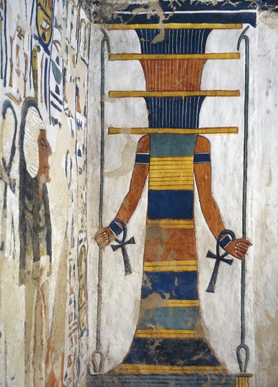 Osiris as a djed pillar holding an was sceptre in each hand and with an ankh on each wrist, detail from the first western annexe of the Tomb of Nefertari (wall painting)  Egypt, Thebes, Luxor, Valley of the Queens, Tomb of Nefertari, Annex to burial cham بواسطة الأسرة المصرية التاسعة عشرة