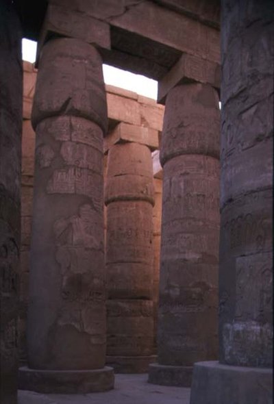 أعمدة من ورق البردي مع تيجان براعم في قاعة Hypostyle في معبد آمون ، المملكة الحديثة (صورة) بواسطة الأسرة المصرية التاسعة عشرة