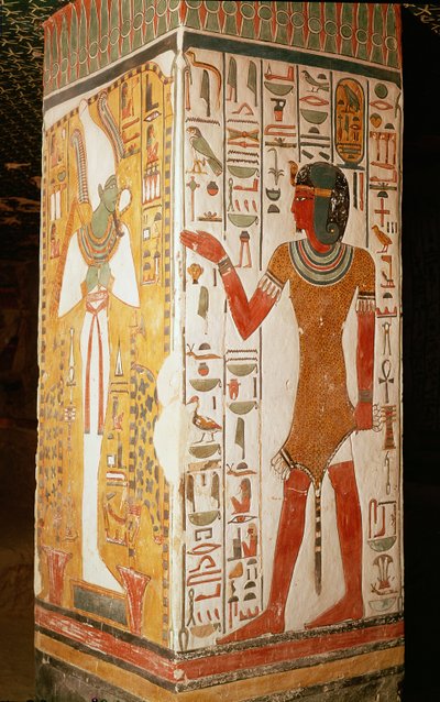 عمود يصور أوزوريس وكاهن يرتدي جلد النمر ، من مقبرة نفرتاري ، المملكة الجديدة (لوحة جدارية) بواسطة الأسرة المصرية التاسعة عشرة