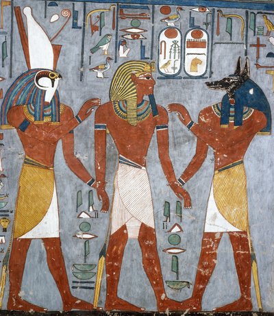 رعمسيس الأول بين حورس وأنوبيس ، لوحة جدارية ، غرفة الدفن ، قبر رمسيس الأول (KV16) ، وادي الملوك ، طيبة (قائمة اليونسكو للتراث العالمي بواسطة الأسرة المصرية التاسعة عشرة