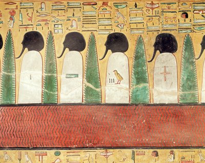 نقش يصور آلهة ذات رأس أسود في العالم السفلي ، من مقبرة سيتي الأول (حكم 1294-1279 قبل الميلاد) المملكة الجديدة (الحجر الجيري المطلي) بواسطة الأسرة المصرية التاسعة عشرة