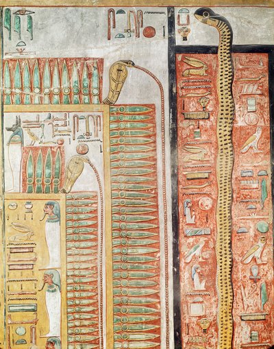 نقش يصور المسار الذي يجب أن يعبره الموتى إلى الحياة الآخرة ، من مقبرة سيتي الأول (c.1294-1279 قبل الميلاد) المملكة الجديدة (الحجر الجيري المطلي) بواسطة الأسرة المصرية التاسعة عشرة
