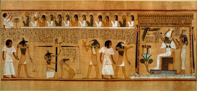 وزن القلب ضد ريشة الحقيقة من ماعت ، من كتاب القتلى للكاتب الملكي Hunefer ، المملكة الحديثة ، c.1275 قبل الميلاد (ورق البردي) بواسطة الأسرة المصرية التاسعة عشرة