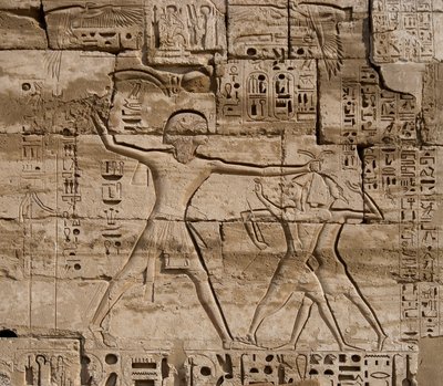 الآثار المصرية: تفاصيل النقوش التي تحتفل بانتصارات الفرعون على شعوب البحر. المعبد الجنائزي لرمسيس الثالث (1187-1156 قبل الميلاد). الأقصر ، مدينة حبو ، مصر بواسطة الأسرة المصرية العشرون
