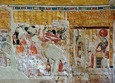 الآثار المصرية: تمثيل شروي وزوجته يعبدون الآلهة. لوحة قبر شروي (TT13). الأسرة العشرون. 1190-1077 قبل الميلاد مقبرة درة أبو النجا ، الضفة الغربية للأقصر ، مصر بواسطة الأسرة المصرية العشرون