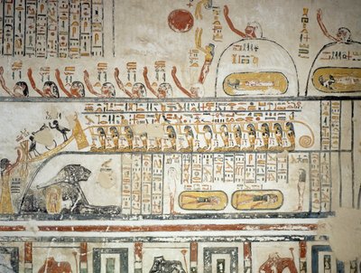 موكب بعد الملاحة السماوية لإله الشمس رع ، كتاب الأرض ، تفاصيل من اللوحات الجدارية لغرفة دفن مقبرة رمسيس السادس ، وادي الملوك ، الأقصر ، طيبة (قائمة اليونسكو للتراث العالمي بواسطة الأسرة المصرية العشرون