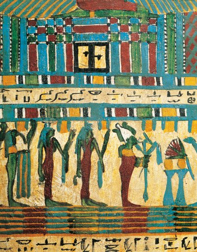 تفاصيل الألواح الخشبية المطلية والمكسوة بغرفة الدينونة والإله أوزوريس متبوعًا بالآلهة ، من تابوت أوساي ، طيبة بواسطة الأسرة المصرية السادسة والعشرون