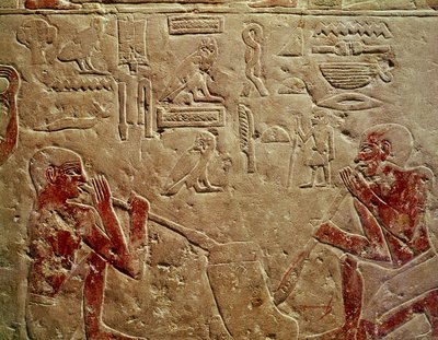 نقوش بارزة مصورة للزجاج ، من مصطبة كايمريو ، سقارة ، المملكة القديمة ، c2325 قبل الميلاد (الحجر الجيري المطلي) بواسطة الأسرة المصرية السادسة