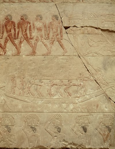 سحب مركب من مصطبة ميريروكا ، المملكة القديمة (الحجر الجيري المطلي) بواسطة الأسرة المصرية السادسة