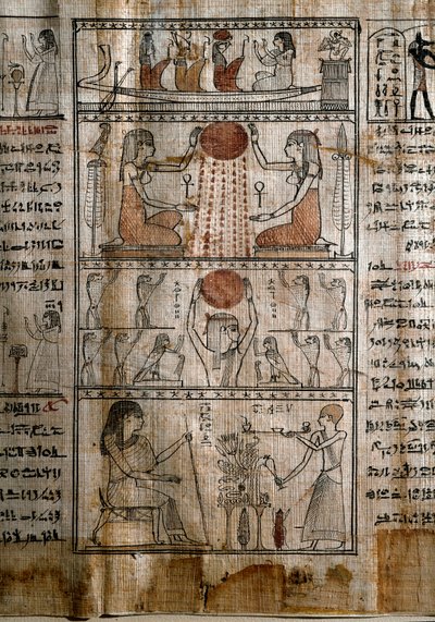 الآثار المصرية: الرموز الشمسية. بردية من كتاب الموتى. الفترة البطلمية. تورينو ، المتحف المصري - مصر القديمة: طاقة الشمس الواهبة للحياة. بردية من كتاب الموتى. الفترة البطلمية. المتحف المصري ، تورين ، إيطاليا بواسطة الفترة البطلمية المصرية