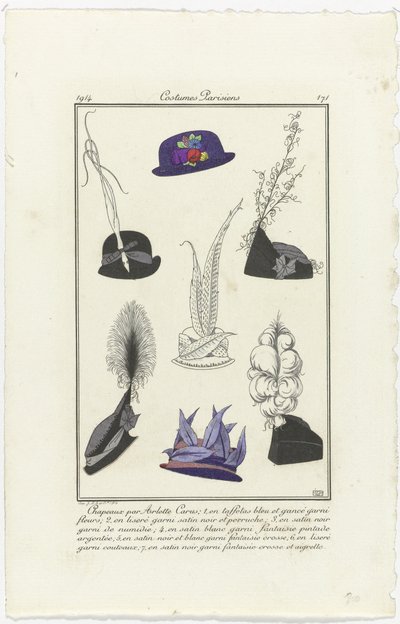 مُكَمِّلات Journal des Dames et des Modes، Costumes Parisiens، 1914، No. 171: Hats by Arlett (...) بواسطة أرليت كاروس