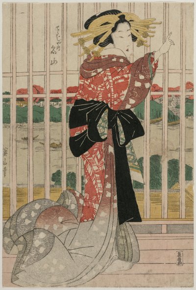 المحظية Meizan من Chojiya على شرفة تطل على نهر Sumida ، في منتصف أو حوالي 1820s. بواسطة Kikugawa Eizan