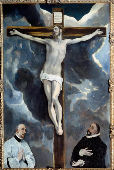 المسيح على الصليب يعبد لكلا المانحين اللوحة بواسطة Theotokopoulos Domenico dit El Greco (1541-1614) 1576 Sun. 2،6x1،71 م بواسطة إل جريكو