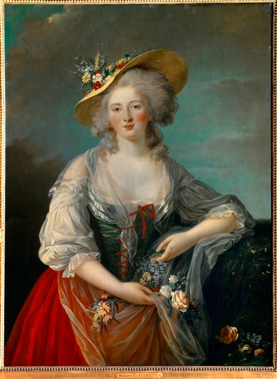 صورة إليزابيث الفلبينية ماري هيلين من فرنسا المعروفة باسم مدام إليزابيث (1764-1794) ، أخت لويس السادس عشر ممثلة في عام 1782 ، في زي ريفي يقدم الزهور اللوحة بواسطة ماري إليزابيث لويز فيجي لو برون (أو فيجي ليبرون أو فيجي ليبرو بواسطة إليزابيث لويز فيجي ليبرون