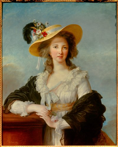 صورة ليولاند غابرييل مارتين دي بولاسترون ، دوقة بوليجناك (1749-1793) مع لوحة قبعة القش بواسطة ماري إليزابيث لويز فيجي لو برون (أو فيجي ليبرون أو فيجي ليبرون) (1755-1842) 1782 صن. 0.92x0.73 م - صورة للدوقة - عمودي بواسطة إليزابيث لويز فيجي ليبرون