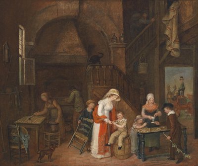 زيارة خباز الكيك ، موقعة بشكل غير واضح (على المنضدة) ، بتاريخ 1822 م بواسطة إليزابيث ماري دي لاتور