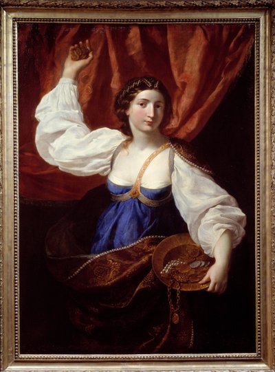 ليبرالية شابة تحمل صينية مليئة بالذهب والمجوهرات. لوحة إليزابيتا سيراني (1638-1665) القرن السابع عشر نيم ، متحف الفنون الجميلة بواسطة إليزابيتا سيراني