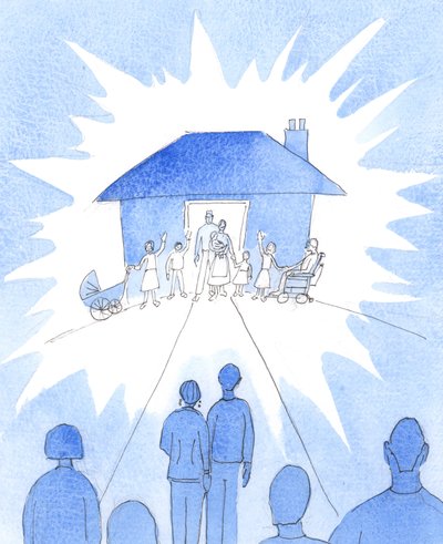 الزواج المسيحي، الذي يُعاش كما ينبغي أن يُعاش، هو مثل مصباح موضوع على تلة، للمجتمع؛ اتحاد أسراري مليء بالنعمة، 2005 (لوحة مائية على ورق) بواسطة إليزابيث وانج