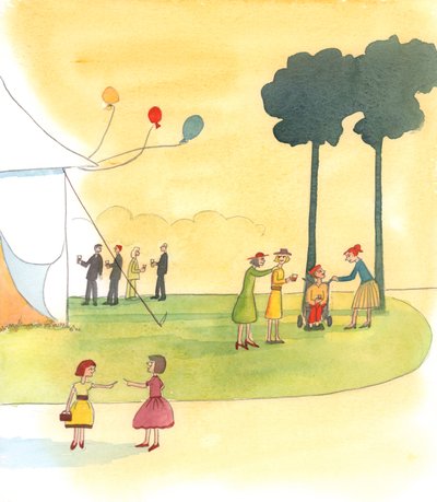 إن الشخص الذي يقرر، حبًا في المسيح، أن يبحث عن أكثر الناس وحدة أو تعبًا في الاحتفال، أو أولئك الذين سافروا بعيدًا، هو "مثل يسوع" للآخرين، فيمنح الرفقة والفرح - وبذلك يرضي مخلصنا، 2005 (لوحة مائية على بواسطة إليزابيث وانج