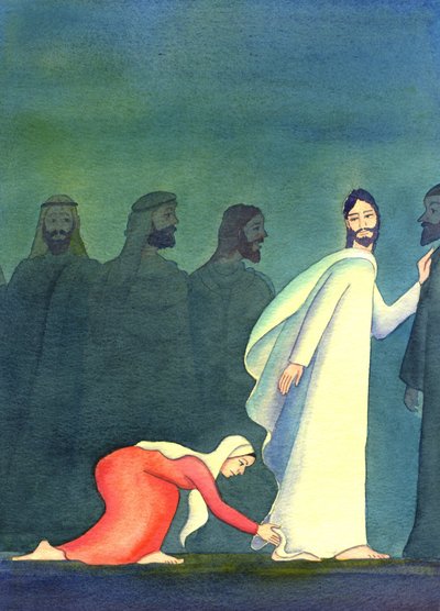 فكرت امرأة في نفسها ، "إذا كان بإمكاني فقط لمس حافة ثوبه ، فسوف أتعافى" ، 2001 (w - c على الورق) بواسطة إليزابيث وانج