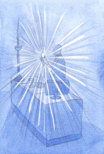 في وليمة &39;Corpus Christi&39; (جسد المسيح المقدس ودمه) ، تتدفق أشعة ضوئية لامعة من المضيف المرتفع ، 2001 (w - c على الورق) بواسطة إليزابيث وانج