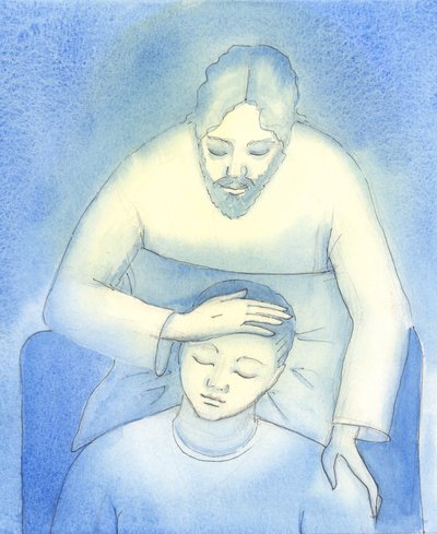 يرى المسيح آلامنا وإرهاقنا ، ويأتي إلينا في المناولة المقدسة ليقدم العزاء والطمأنينة ، مثل أم تمسِّط شعر طفلها. ، 2004 (w - c على الورق) بواسطة إليزابيث وانج
