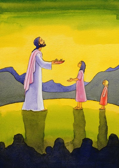 يسوع المسيح يصنع معجزة الأرغفة والسمك 2004 (w - c على الورق) بواسطة إليزابيث وانج