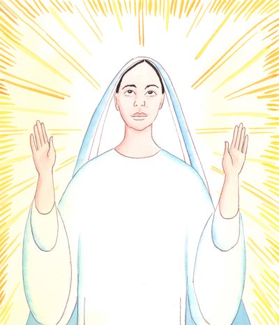 كل رغبة السيدة العذراء المباركة هي إعطاء المجد لأبيها، تماماً كما فعل يسوع المسيح ابنها دائماً، 2005 (لوحة مائية على ورق) بواسطة إليزابيث وانج