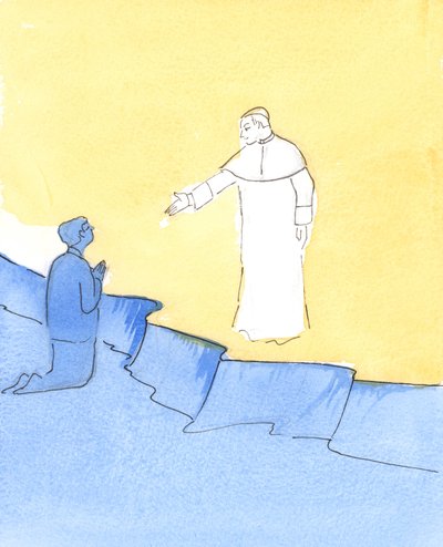 يقف البابا يوحنا بولس في السماء ، ويمد يده في التحية ، ونحن نطلب مساعدته ، 2006 (w - c على الورق) بواسطة إليزابيث وانج