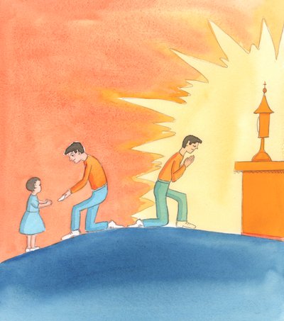 إظهار المحبة للمسيح عندما نظهر المحبة لـ"صغار" المسيح فإننا نظهر المحبة للمسيح؛ لكن المسيح يريدنا أن نعرف أن هذه الخدمة لا ينبغي أن تكون بديلاً عن إظهار المحبة له مباشرة، في القربان المقدس، 2005 (لوحة مائية على ورق) بواسطة إليزابيث وانج