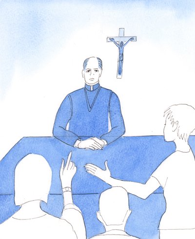 يطلب الرب من الأساقفة أن ينظروا إلى حياتهم. هل سبق لهم أن فشلوا في التحدث عن الأخلاق، على سبيل المثال، خوفًا من إغضاب الناس أو إبعادهم؟، 2005 (لوحة مائية على ورق) بواسطة إليزابيث وانج