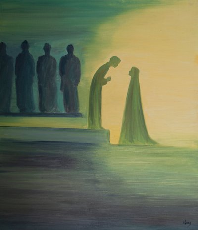 عندما تم العثور على الطفل يسوع في الهيكل ، انحنى إلى الأمام ، موضحًا لأمه القديسة بهدوء (بلطف غير محدود) أن عمله قد بدأ بالفعل. ، 2001 (زيت على اللوح) بواسطة إليزابيث وانج