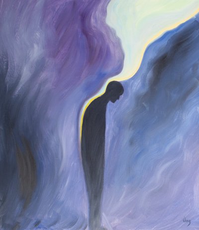 عندما نطلب من السيدة العذراء أن تصلي من أجل أرواح المطهر ، فإنها تفعل ذلك ، وتنسكب عليهم نعمة الله المطهرة مثل بلسم مهدئ ، 2001 (زيت على اللوح) بواسطة إليزابيث وانج