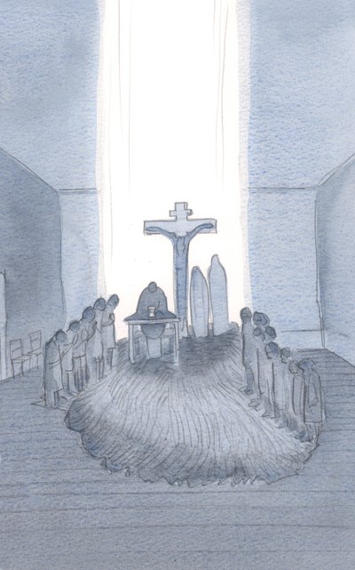 عندما نحضر ونقدم التضحية المذهلة ، نجد الجلجثة ، هنا في المذبح. ، 2001 (w - c على الورق) بواسطة إليزابيث وانج