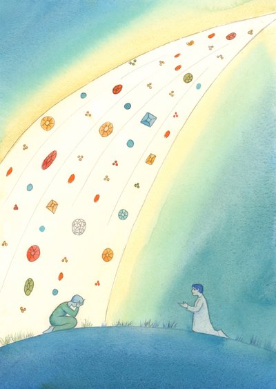 عندما نصلي باسم يسوع، فإننا ننزل كنزًا من السماء، مثل وابل من الجواهر، لإثراء الحياة الروحية لأنفسنا أو لأشخاص آخرين، 2005 (لوحة مائية على ورق) بواسطة إليزابيث وانج