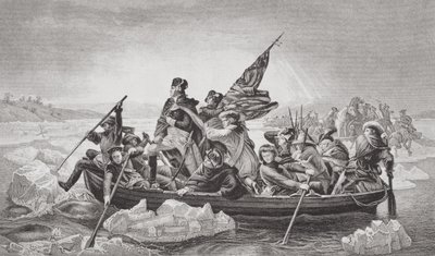 واشنطن تعبر ديلاوير بالقرب من ترينتون ، نيو جيرسي ، عيد الميلاد 1776 ، من `` الرسوم التوضيحية الإنجليزية والتاريخ الاسكتلندي &39;&39; المجلد الثاني بواسطة إيمانويل جوتليب لوتز