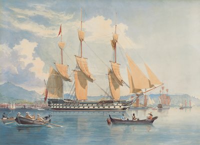 السفينة HMS Ganges ملقاة على المرساة وتجفف أشرعتها قبالة ريو دي جانيرو بواسطة Emeric Essex Vidal