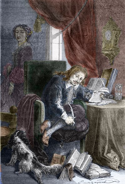 صورة للكاتب الفرنسي بول سكارون (1610-1660) مؤلف أفلام كوميدية هزلية ، يتم تمثيله على كرسي غير صالح ، زوجته فرانسواز ديوبيني (التي أصبحت ماركيز دي مينتينون) (1635-1719) تقف في الظل خلفه نقش - بورتريه بواسطة إميل أنطوان (بعد) بايارد